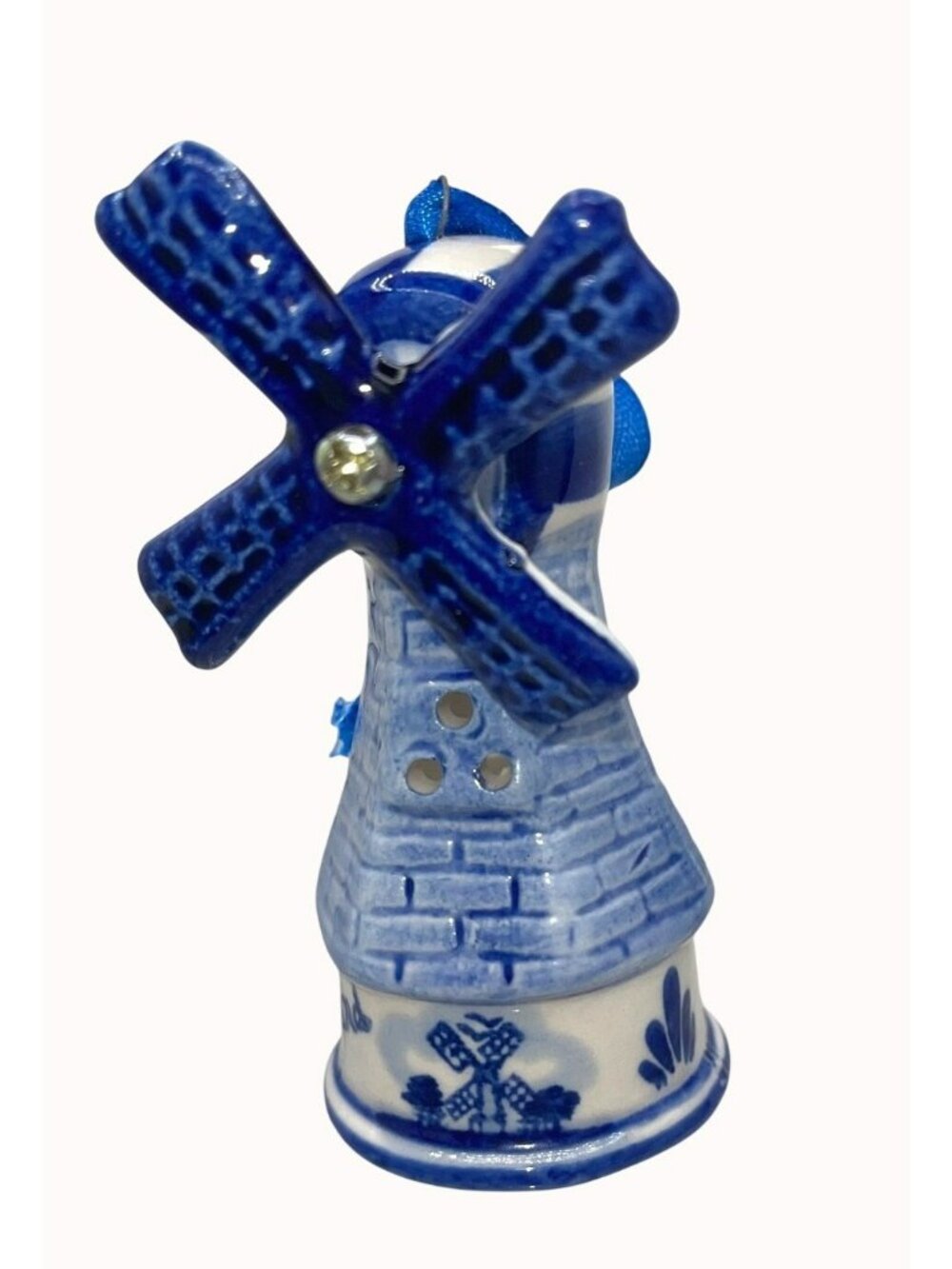 Dutch Windmill Ornament Ceramic Blue Delft Spinning Blades Holland Hand-painted